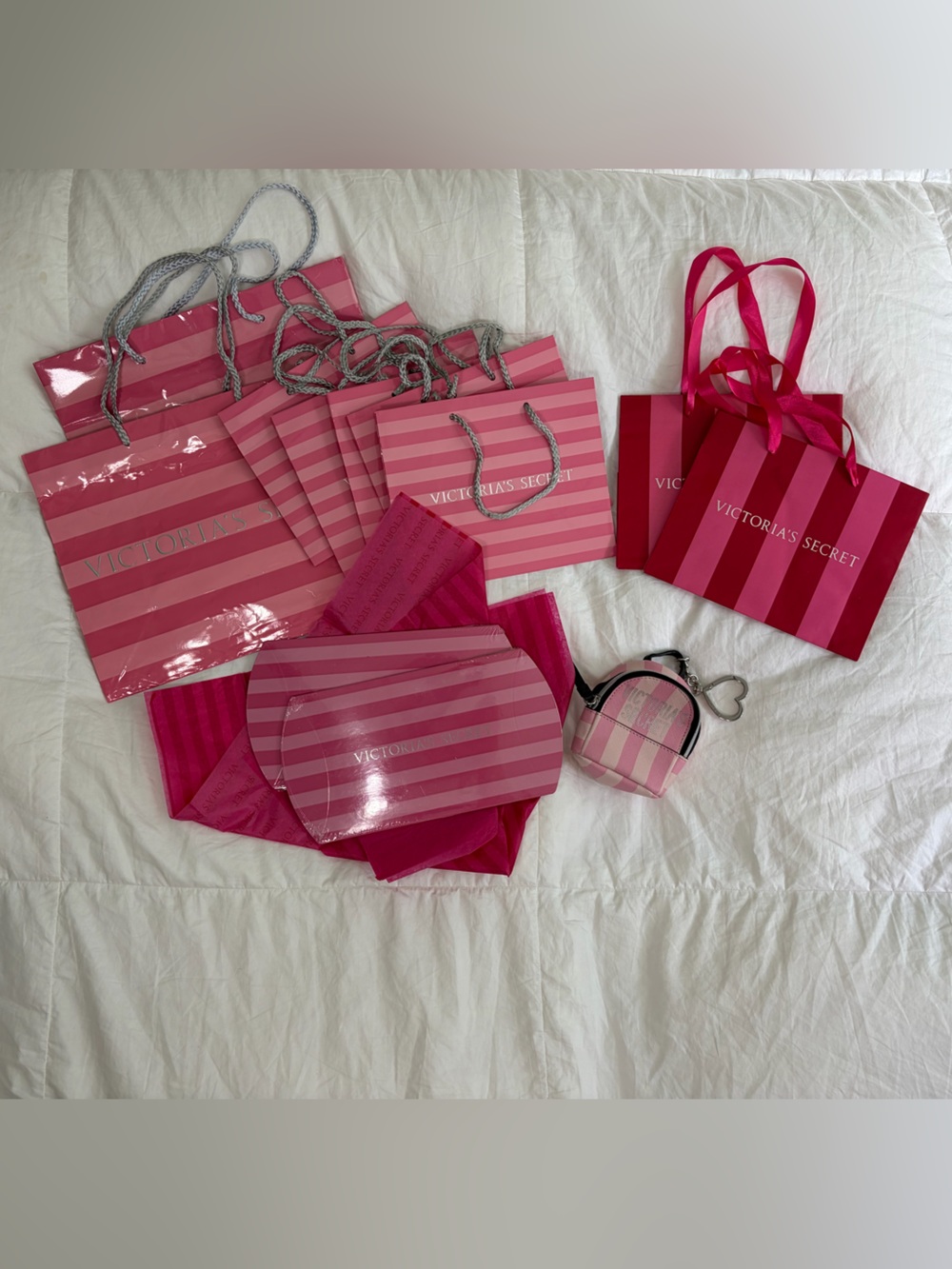 Victoria’s Secret Pink Stripe Gift Bags Boxes Tissue Lot + Earbud Case